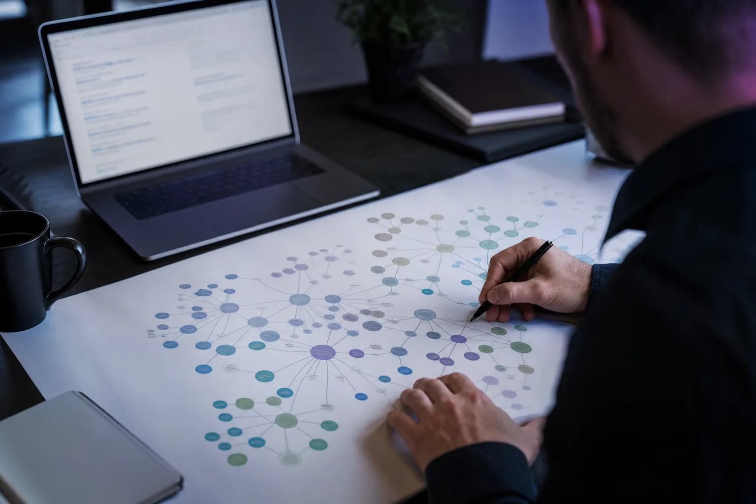 Equipe reunida em volta de uma mesa comprida em escritório claro, com telas mostrando gráficos de busca e um mapa de palavras impresso na parede