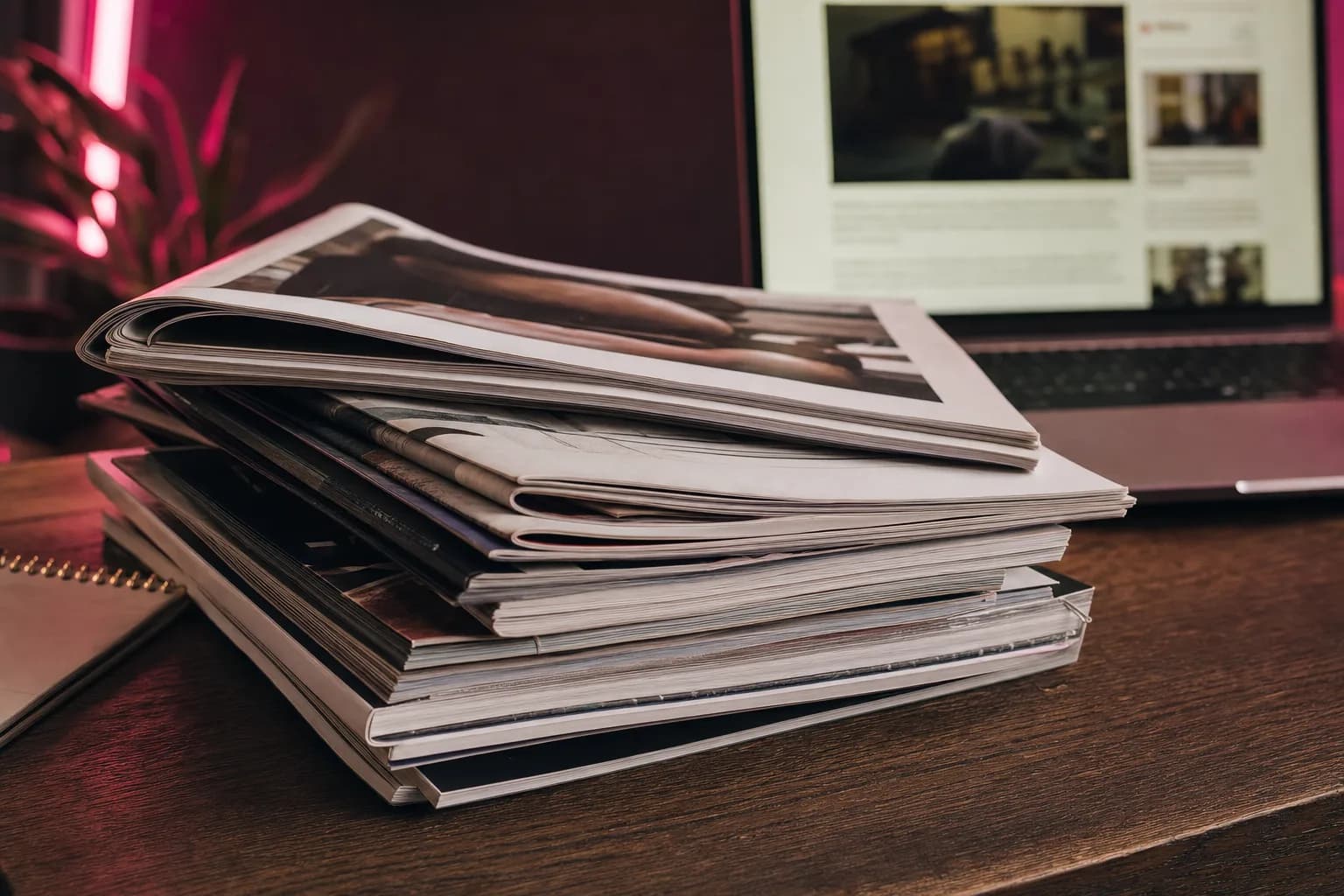 Mesa com recortes de publicações impressas organizados em fileiras e uma lupa apoiada sobre uma delas