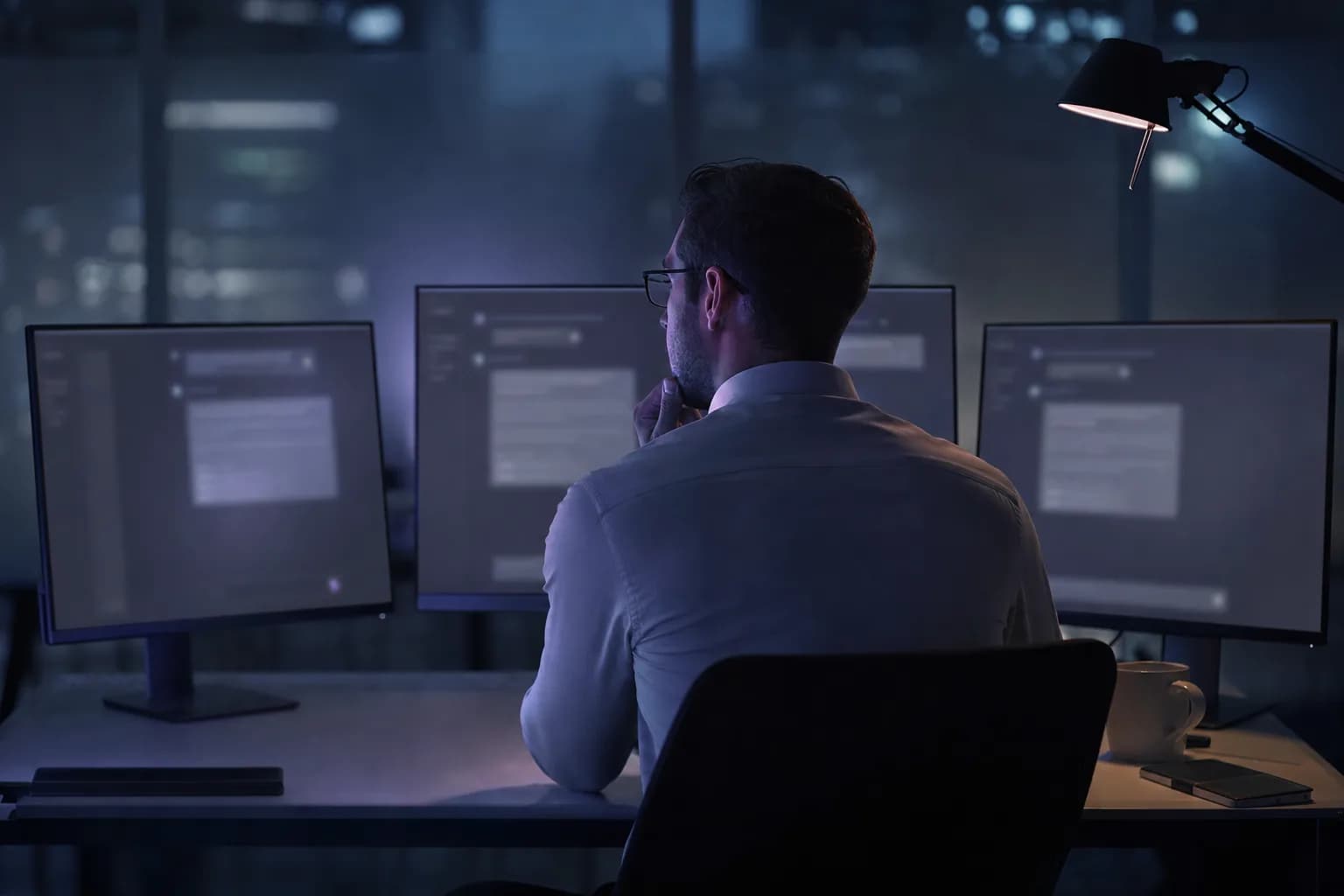 Profissional diante de três telas com interfaces de conversa com inteligência artificial respondendo a uma pergunta, luz violeta suave no rosto