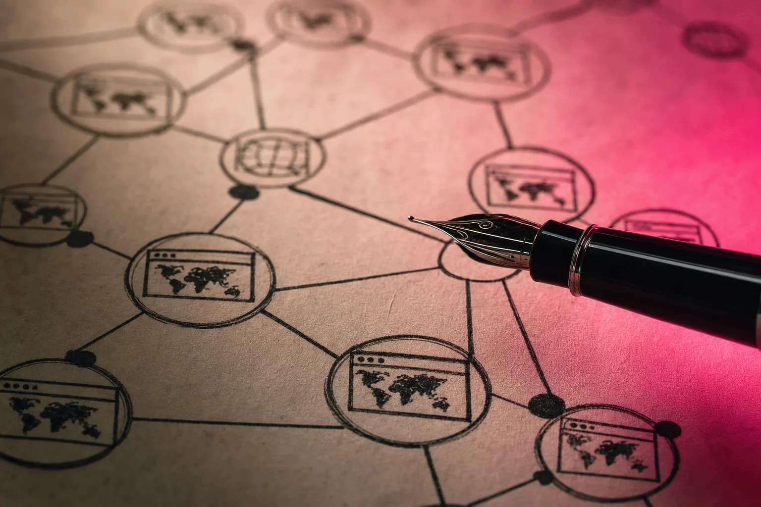 Rede de nós luminosos conectados sobre um mapa escuro, com um dos nós destacado em rosa no centro