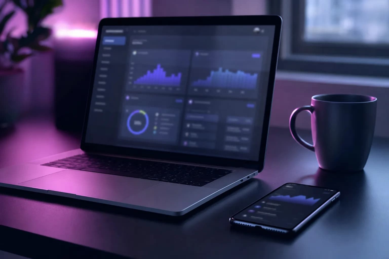 Notebook e celular sobre uma mesa clara exibindo um painel moderno com cartões e gráficos de desempenho, luz violeta ao fundo